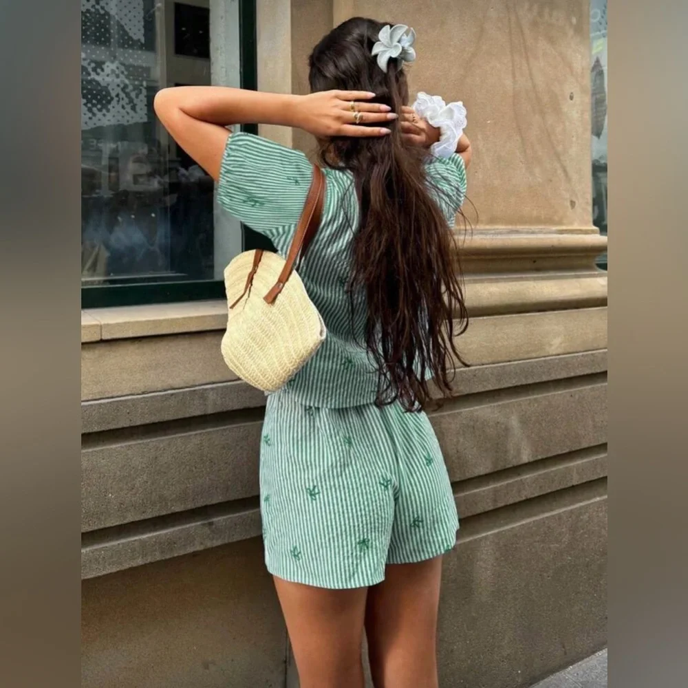 SHEIN Green Striped Matching Set with Bow details Size L